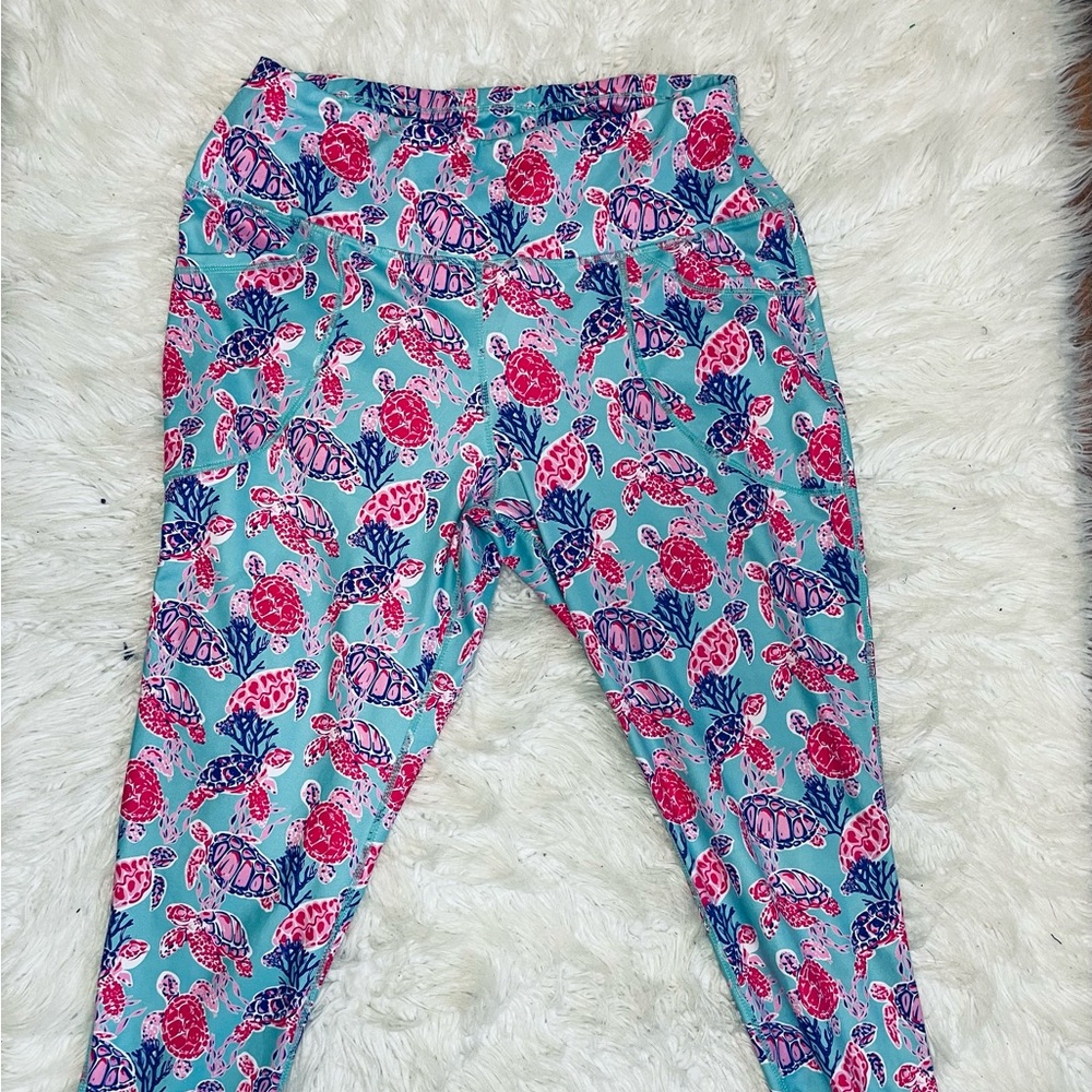 Simply Southern Womens Teal & Pink Sea Turtle Leggings With Pockets SIZE M